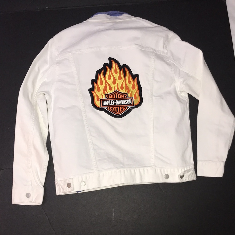 Jeans Jacket with Harley Davidson Patch White Denim Coat
